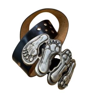 Spanish Leather Belt with Artisan made Racy Sexy Footprint Buckle, EUC